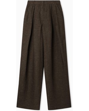 Emporio Armani Icon Linen Chambray Trousers With Godet Pleats - Brown