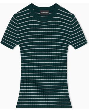 Emporio Armani Crewneck Sweater With Short Sleeves And Striped Rib Motif - Green