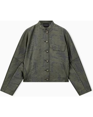Emporio Armani Jacquard Landscape Blouson With Mandarin Collar And Buttons - Green