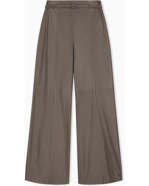Emporio Armani Pantalon Large En Cuir À Taille Haute Avec Ceinture - Marron