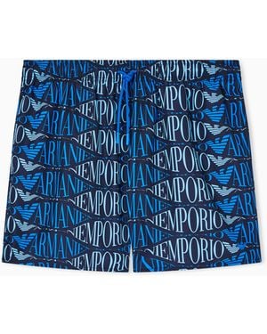 Emporio Armani Swim Shorts With All-Over Logo - Blue