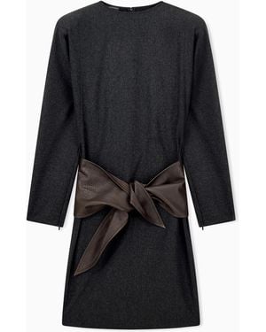 Emporio Armani Wool Cashmere Flannel Dress With Textured Waist Bow - Black