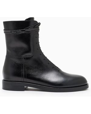 Emporio Armani Botín Bajo De Piel Con Cordones Y Correa Con Logotipo - Negro