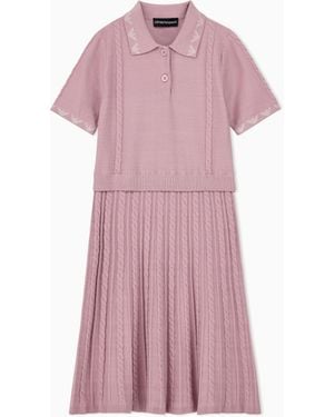 Emporio Armani Knitted Viscose Dress With A Polo Collar And Pleated Skirt - Pink