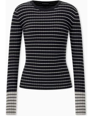 Emporio Armani Jersey Entallado De Canalé A Rayas Con Cuello Redondo - Azul