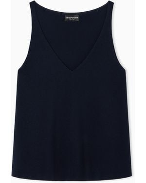 Emporio Armani Link-Stitch Knit V-Neck Top - Blue