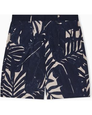 Emporio Armani Linen-Blend Bermuda Shorts With All-Over Pattern - Blue
