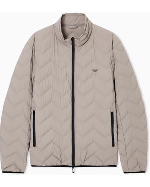 Emporio Armani Nylon Down Jacket With Zip And Chevron Quilting Essential - Natural