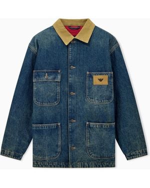Emporio Armani Cotton Denim Jacket With Corduroy Collar And Patch Pockets - Blue