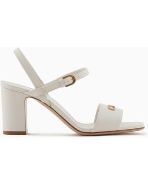 Emporio Armani Nappa-Leather Heeled Sandals With Eagle Plate - White