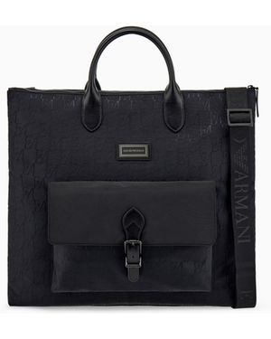 Emporio Armani Tote Bag With Monogram Pattern And Bonded Leather Handles - Black