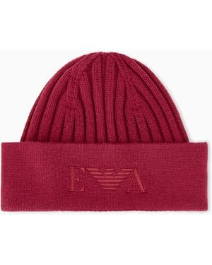 Emporio Armani Ribbed Virgin Wool Beanie With A Folded Cuff And Embroidery - Red