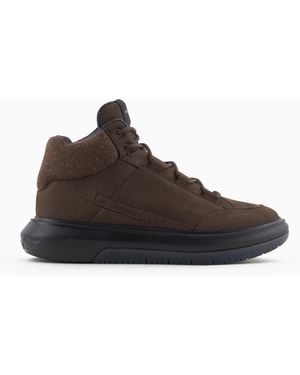 Emporio Armani Nubuck High-Top Trainers With Felt Detail - Brown