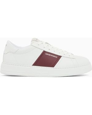 Emporio Armani Leather Trainers With An Embossed Logo And Contrasting Panel - Blue
