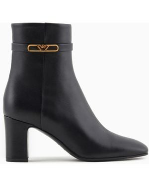Emporio Armani Nappa-Leather High-Heeled Ankle Boots With Eagle Plate - Black