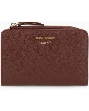 Emporio Armani Textured Leather Billfold Wallet With Zip-Around Closure - Brown