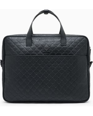 Emporio Armani Business-Tasche Aus Leder Mit Allover-Adler-Prägung - Schwarz