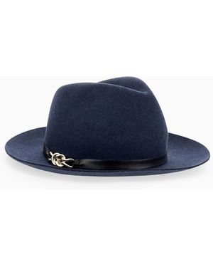 Emporio Armani Merino Wool Fedora Hat With A Leather Band And Chain Detail - Blue