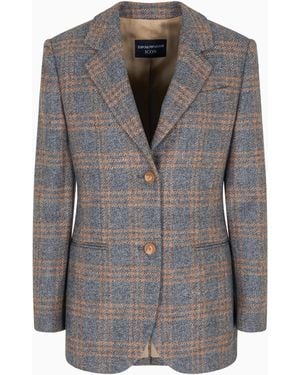 Emporio Armani Icon Virgin-Wool Blend Single-Breasted Blazer With Check Motif - Gray