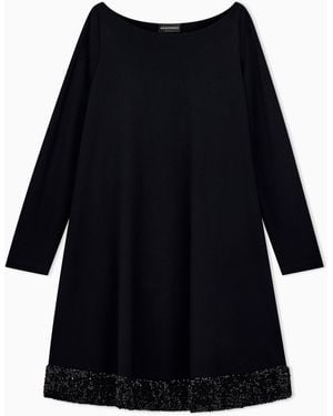 Emporio Armani Stretch Viscose Jersey Dress With Boat Neck And Sequin Hem - Black