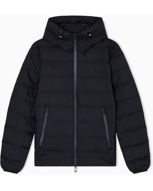 Emporio Armani Hooded, Quilted-Nylon Down Jacket With Jacquard Logo Lettering - Blue