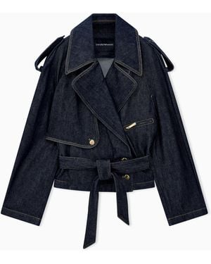 Emporio Armani Belted Denim Jacket With Wide Lapels And Epaulettes - Blue