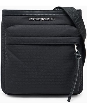 Emporio Armani Nylon Flat Shoulder Bag With Monogram Lettering - Black