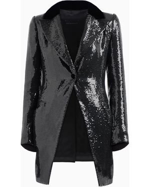 Emporio Armani Long Jacket With All-Over Sequins And Velvet Details - Black