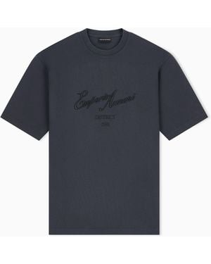 Emporio Armani Piqué Jersey T-Shirt With Embroidered Raised Logo - Blue