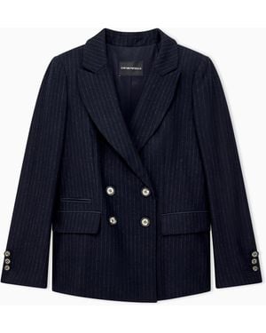 Emporio Armani Double-Breasted Pinstripe Wool-Blend Blazer Signature Capsule - Blue