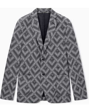 Emporio Armani Knit Effect Jersey Blazer With Geometric Pattern Signature Capsule - Grey
