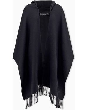 Emporio Armani Estola De Lana Con Capucha Y Detalle De Flecos - Azul