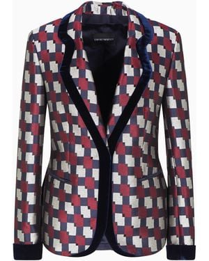 Emporio Armani Geometric Jacquard Blazer With Velvet Details - Blue