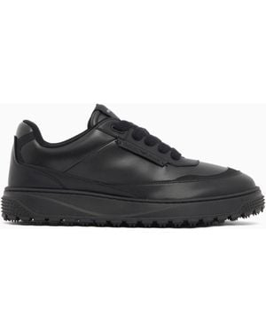 Emporio Armani Smooth Leather Lace-Up Trainers With A Textured Rubber Sole - Black
