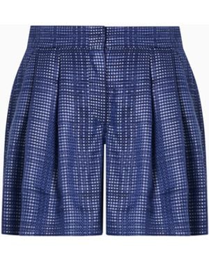 Emporio Armani Short À Pinces En Cupro Mélangé À Motif À Carreaux - Bleu