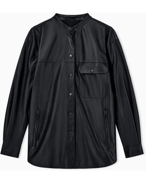 Emporio Armani Chemise En Cuir À Col Officier Et Boutons-Pression - Noir