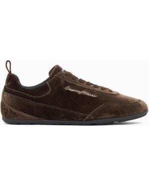 Emporio Armani Velvet Low-Top Trainers With An Embroidered Side Logo - Brown