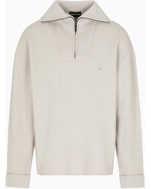 Emporio Armani Jersey Con Cremallera Parcial De Punto Felpa De Lana Virgen - Blanco