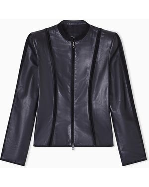 Emporio Armani Glove Nappa Leather Jacket With Suede Piping - Blue