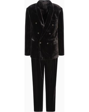 Emporio Armani Three-Piece Double-Breasted Velvet Suit With An All-Over Printed Motif - Black