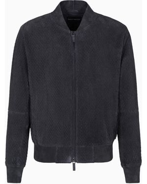 Emporio Armani Goat Suede Comfort-Fit Blouson With Elastic Embroidery - Blue