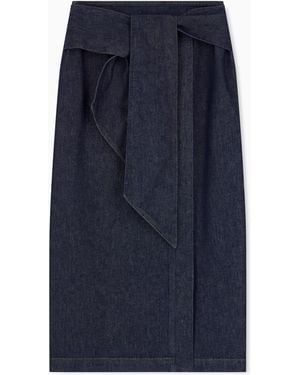 Emporio Armani Cotton Denim Skirt With A Wide Waistband And Self-Tie Belt - Blue
