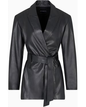 Emporio Armani Polygon Capsule Collection Lambskin Nappa Leather Jacket With Belt - Black