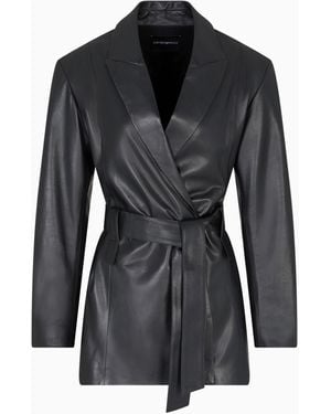 Emporio Armani Polygon Capsule Collection Lambskin Nappa Leather Jacket With Belt - Black