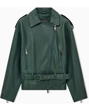 Emporio Armani Belted Leather Biker Jacket With An Asymmetrical Zip - Green