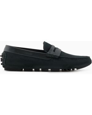 Emporio Armani Driver-Mokassins Aus Fein Gestreiftem Veloursleder - Weiß