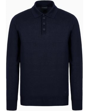 Emporio Armani Virgin-Wool Jumper With Polo-Shirt Collar - Blue