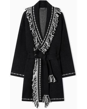 Emporio Armani Oversized Cardigan With Fringed Edges And Jacquard Motif - Black