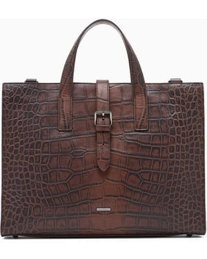 Emporio Armani Crocodile-Embossed Leather Briefcase - Brown