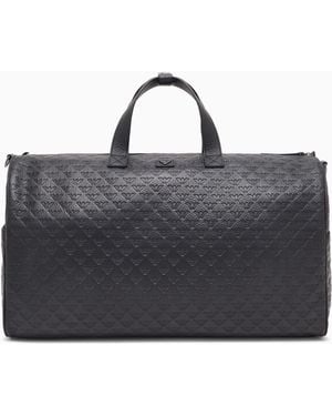 Emporio Armani Leather Duffel Bag With All-Over Embossed Eagle - Black